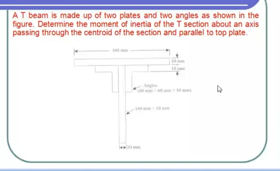 AT beam is made up of two plates and two angles as shown in the
figure. Determine the moment of inertia of the T section about an axis
passing through the centroid of the section and parallel to top plate.
160 mm
10 min
10 mm
Angles
(60 mm 60 mm to min)
160 mm 10 mm
lealio mm

