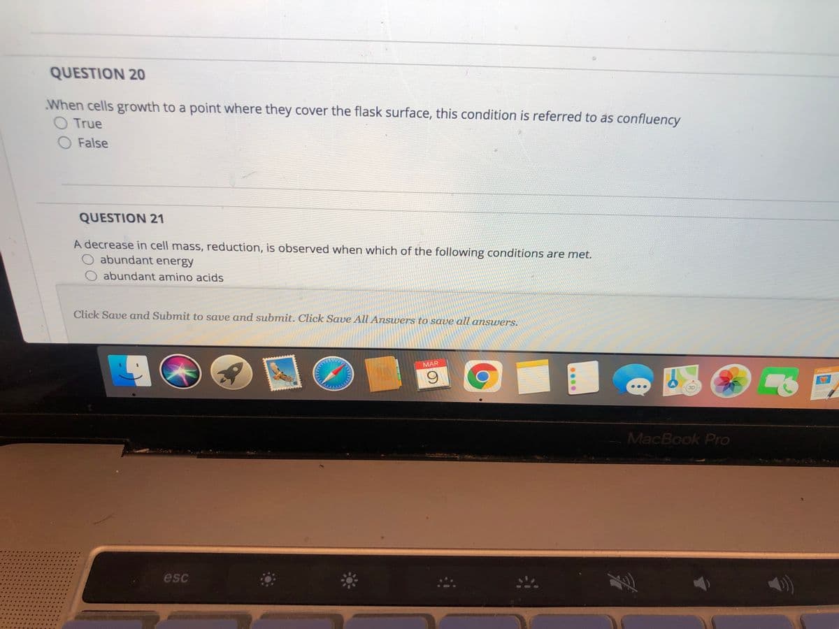 QUESTION 20
When cells growth to a point where they cover the flask surface, this condition is referred to as confluency
O True
O False
QUESTION 21
A decrease in cell mass, reduction, is observed when which of the following conditions are met.
O abundant energy
abundant amino acids
Click Save and Submit to save and submit. Click Save All Answers to save all answers.
MAR
PAGES
3D
MacBook Pro
esc
