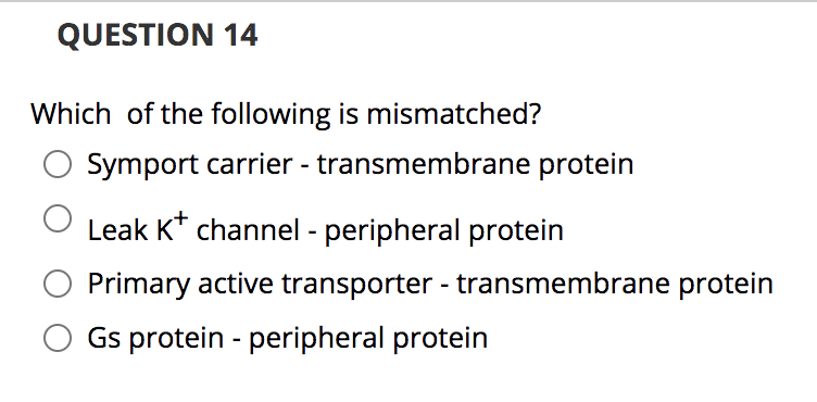 QUESTION 14
Which of the following is mismatched?
Symport carrier - transmembrane protein
Leak K* channel - peripheral protein
Primary active transporter - transmembrane protein
Gs protein - peripheral protein
