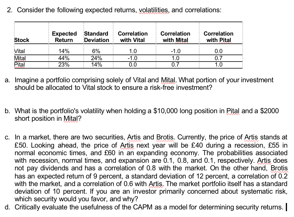 2. Consider the following expected returns, volatilities, and correlations:
Expected Standard
Stock
Return Deviation
Correlation
with Vital
Correlation
with Mital
Correlation
with Pital
Vital
14%
6%
1.0
-1.0
0.0
Mital
44%
24%
-1.0
1.0
0.7
Pital
23%
14%
0.0
0.7
1.0
a. Imagine a portfolio comprising solely of Vital and Mital. What portion of
should be allocated to Vital stock to ensure a risk-free investment?
your investment
b. What is the portfolio's volatility when holding a $10,000 long position in Pital and a $2000
short position in Mital?
wwwww
c. In a market, there are two securities, Artis and Brotis. Currently, the price of Artis stands at
£50. Looking ahead, the price of Artis next year will be £40 during a recession, £55 in
normal economic times, and £60 in an expanding economy. The probabilities associated
with recession, normal times, and expansion are 0.1, 0.8, and 0.1, respectively. Artis does
not pay dividends and has a correlation of 0.8 with the market. On the other hand, Brotis
has an expected return of 9 percent, a standard deviation of 12 percent, a correlation of 0.2
with the market, and a correlation of 0.6 with Artis. The market portfolio itself has a standard
deviation of 10 percent. If you are an investor primarily concerned about systematic risk,
which security would you favor, and why?
d. Critically evaluate the usefulness of the CAPM as a model for determining security returns. |