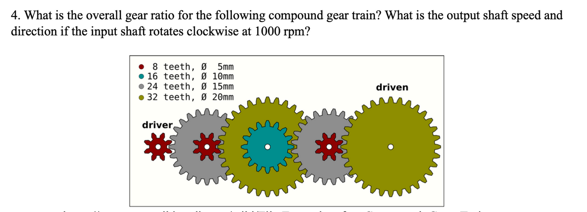 4. What is the overall gear ratio for the following compound gear train? What is the output shaft speed and
direction if the input shaft rotates clockwise at 1000 rpm?
8 teeth, Ø 5mm
16 teeth, Ø 10mm
24 teeth, Ø 15mm
32 teeth, Ø 20mm
driver
driven