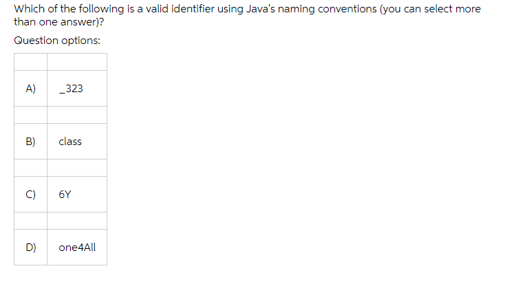 Which of the following is a valid identifier using Java's naming conventions (you can select more
than one answer)?
Question options:
A)
_323
B)
class
C)
6Y
D)
one4All
