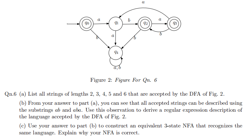 a
b
a
90
92)
a
94
Figure 2: Figure For Qn. 6
Qn.6 (a) List all strings of lengths 2, 3, 4, 5 and 6 that are accepted by the DFA of Fig. 2.
(b) From your answer to part (a), you can see that all accepted strings can be described using
the substrings ab and aba. Use this observation to derive a regular expression description of
the language accepted by the DFA of Fig. 2.
(c) Use your answer to part (b) to construct an equivalent 3-state NFA that recognizes the
same language. Explain why your NFA is correct.
