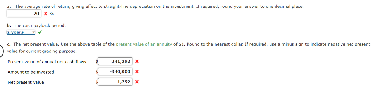a. The average rate of return, giving effect to straight-line depreciation on the investment. If required, round your answer to one decimal place.
20 X %
b. The cash payback period.
2 years
c. The net present value. Use the above table of the present value of an annuity of $1. Round to the nearest dollar. If required, use a minus sign to indicate negative net present
value for current grading purpose.
Present value of annual net cash flows
Amount to be invested
Net present value
341,292 X
-340,000 X
1,292 X