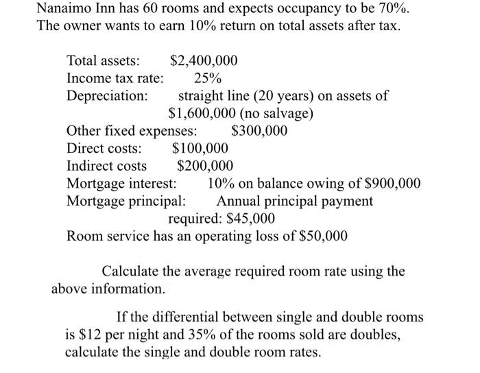 Nanaimo Inn has 60 rooms and expects occupancy to be 70%.
The owner wants to earn 10% return on total assets after tax.
Total assets:
$2,400,000
Income tax rate:
25%
Depreciation:
straight line (20 years) on assets of
$1,600,000 (no salvage)
$300,000
Other fixed expenses:
Direct costs:
$100,000
$200,000
10% on balance owing of $900,000
Annual principal payment
Indirect costs
Mortgage interest:
Mortgage principal:
required: $45,000
Room service has an operating loss of $50,000
Calculate the average required room rate using the
above information.
If the differential between single and double rooms
is $12 per night and 35% of the rooms sold are doubles,
calculate the single and double room rates.
