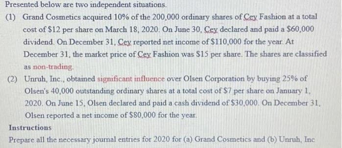 Presented below are two independent situations.
(1) Grand Cosmetics acquired 10% of the 200,000 ordinary shares of Cey Fashion at a total
cost of $12 per share on March 18, 2020. On June 30, Cey declared and paid a $60,000
dividend. On December 31, Cey reported net income of $110,000 for the year. At
December 31, the market price of Cey Fashion was $15 per share. The shares are classified
as non-trading.
(2) Unruh, Inc. obtained significant influence over Olsen Corporation by buying 25% of
Olsen's 40,000 outstanding ordinary shares at a total cost of $7 per share on January 1.
2020. On June 15, Olsen declared and paid a cash dividend of $30,000. On December 31.
Olsen reported a net income of SS0.000 for the year.
Instructions
Prepare all the necessary journal entries for 2020 for (a) Grand Cosmetics and (b) Unruh, Inc
