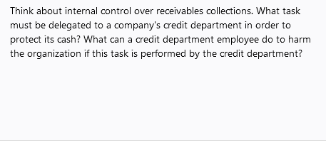 Think about internal control over receivables collections. What task
must be delegated to a company's credit department in order to
protect its cash? What can a credit department employee do to harm
the organization if this task is performed by the credit department?
