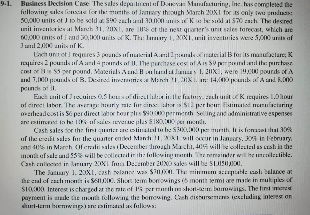 Business Decision Case The sales department of Donovan Manufacturing, Inc. has completed the
following sales forecast for the months of January through March 20X1 for its only two products:
50,000 units of J to be sold at $90 each and 30,000 units of K to be sold at $70 each. The desired
unit inventories at March 31, 20X1, are 10% of the next quarter's unit sales forecast, which are
60,000 units of J and 30,000 units of K. The January 1, 20X1, unit inventories were 5,000 units of
J and 2,000 units of K.
Each unit of J requires 3 pounds of material A and 2 pounds of material B for its manufacture; K
requires 2 pounds of A and 4 pounds of B. The purchase cost of A is $9 per pound and the purchase
cost of B is $5 per pound. Materials A and B on hand at January 1, 20X1, were 19,000 pounds of A
and 7,000 pounds of B. Desired inventories at March 31, 20X1, are 14,000 pounds of A and 8,000
pounds of B.
Each unit of J requires 0.5 hours of direct labor in the factory; each unit of K requires 1.0 hour
of direct labor. The average hourly rate for direct labor is $12 per hour. Estimated manufacturing
overhead cost is $6 per direct labor hour plus $90,000 per m
are estimated to be 10% of sales revenue plus $180,000 per month.
Cash sales for the first quarter are estimated to be $300,000 per month. It is forecast that 30%
of the credit sales for the quarter ended March 31, 20X1, will occur in January, 30% in February,
and 40% in March. Of credit sales (December through March), 40% will be collected as cash in the
month of sale and 55% will be collected in the following month. The remainder will be uncollectible.
Cash collected in January 20X1 from December 20X0 sales will be $1,050,000.
The January 1, 20X1, cash balance was $70,000. The minimum acceptable cash balance at
the end of each month is $60,000. Short-term borrowings (6-month term) are made in multiples of
$10,000. Interest is charged at the rate of 1% per month on short-term borrowings. The first interest
payment is made the month following the borrowing. Cash disbursements (excluding interest on
short-term borrowings) are estimated as follows:
Selling and administrative expenses
