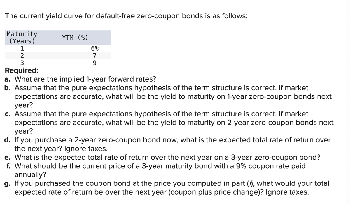The current yield curve for default-free zero-coupon bonds is as follows:
Maturity
(Years)
1
YTM (%)
6%
7
9
2
3
Required:
a. What are the implied 1-year forward rates?
b. Assume that the pure expectations hypothesis of the term structure is correct. If market
expectations are accurate, what will be the yield to maturity on 1-year zero-coupon bonds next
year?
c. Assume that the pure expectations hypothesis of the term structure is correct. If market
expectations are accurate, what will be the yield to maturity on 2-year zero-coupon bonds next
year?
d. If you purchase a 2-year zero-coupon bond now, what is the expected total rate of return over
the next year? Ignore taxes.
e. What is the expected total rate of return over the next year on a 3-year zero-coupon bond?
f. What should be the current price of a 3-year maturity bond with a 9% coupon rate paid
annually?
g. If you purchased the coupon bond at the price you computed in part (f), what would your total
expected rate of return be over the next year (coupon plus price change)? Ignore taxes.