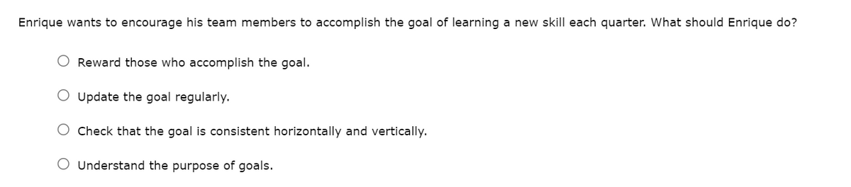 Enrique wants to encourage his team members to accomplish the goal of learning a new skill each quarter. What should Enrique do?
O Reward those who accomplish the goal.
O
Update the goal regularly.
Check that the goal is consistent horizontally and vertically.
O Understand the purpose of goals.