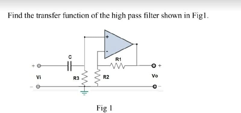 Find the transfer function of the high pass filter shown in Figl.
R1
Vi
R3
R2
Vo
Fig 1
