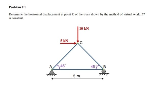Problem #1
Determine the horizontal displacement at point C of the truss shown by the method of virtual work. El
is constant.
| 10 kN
5 kN
(c
45
45 B
5 m
