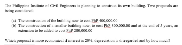 The Philippine Institute of Civil Engineers is planning to construct its own building. Two proposals are
being considered:
(a) The construction of the building now to cost PhP 400,000.00
(b) The construction of a smaller building now, to cost PhP 300,000.00 and at the end of 5 years, an
extension to be added to cost PhP 200,000.00
Which proposal is more economical if interest is 20%, depreciation is disregarded and by how much?
