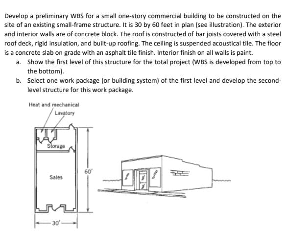 Develop a preliminary WBS for a small one-story commercial building to be constructed on the
site of an existing small-frame structure. It is 30 by 60 feet in plan (see illustration). The exterior
and interior walls are of concrete block. The roof is constructed of bar joists covered with a steel
roof deck, rigid insulation, and built-up roofing. The ceiling is suspended acoustical tile. The floor
is a concrete slab on grade with an asphalt tile finish. Interior finish on all walls is paint.
a. Show the first level of this structure for the total project (WBS is developed from top to
the bottom).
b. Select one work package (or building system) of the first level and develop the second-
level structure for this work package.
Heat and mechanical
Lavatory
Storage
60
Sales
- 30-
