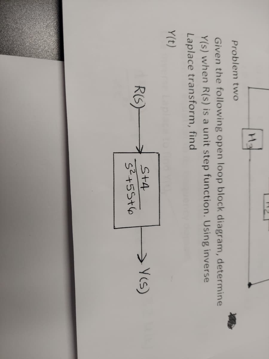 H
Problem two
Given the following open loop block diagram, determine
Y(s) when R(s) is a unit step function. Using inverse
Laplace transform, find
Y(t)
R(S)-
5+4
5²+55+6
→Y(s)