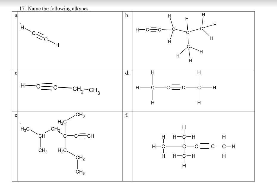 17. Name the following alkynes.
b.
a
H
HーC三c-
H-c=c-
H
H
H.
H
d.
H-cEc-CH,-CH3
-c=c-
H-
с—н
H
H
.CH3
f.
H2Ç
.CH2
c-c=CH
H3C.
H
H-C-H
CH
H-C
C-C-
-c-
C-H
CH3
H2C.
H
H
Н-с-н
CH2
H
CH3
I-O-
O-
