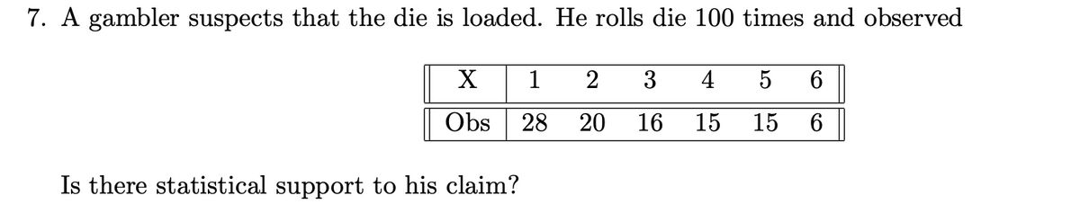 7. A gambler suspects that the die is loaded. He rolls die 100 times and observed
X
Obs
Is there statistical support to his claim?
1
2 3
4
5 6
28 20 16 15 15 6