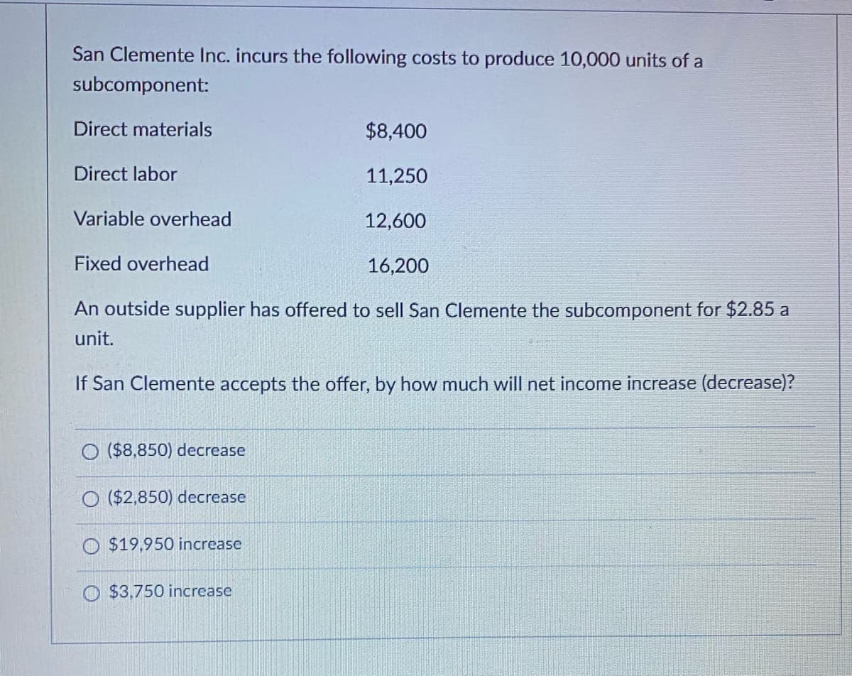 San Clemente Inc. incurs the following costs to produce 10,000 units of a
subcomponent:
Direct materials
$8,400
Direct labor
11,250
Variable overhead
12,600
Fixed overhead
16,200
An outside supplier has offered to sell San Clemente the subcomponent for $2.85 a
unit.
If San Clemente accepts the offer, by how much will net income increase (decrease)?
($8,850) decrease
($2,850) decrease
O $19,950 increase
$3,750 increase
