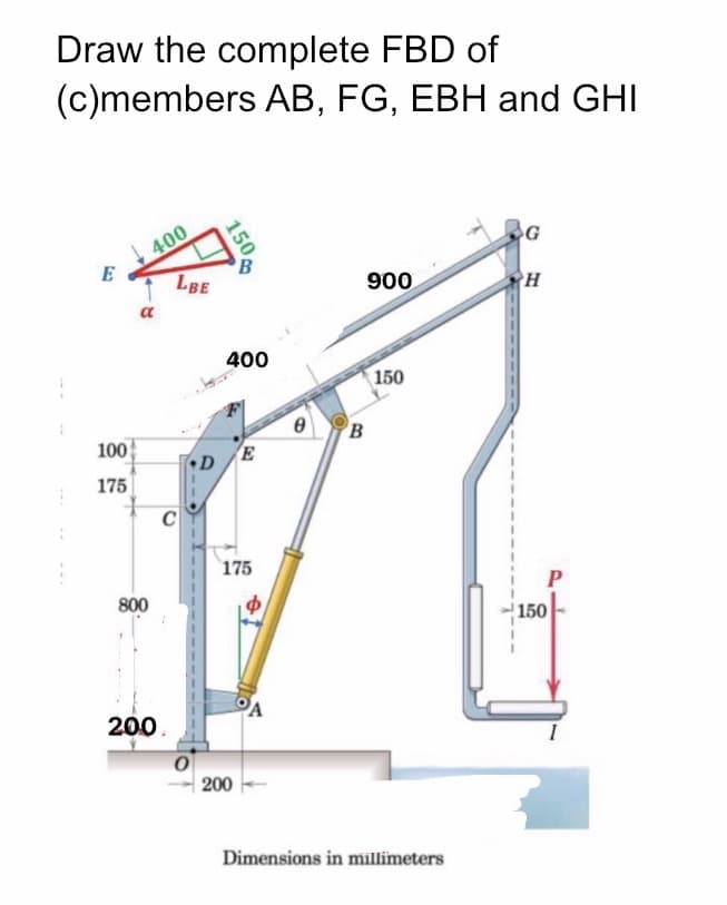 Draw the complete FBD of
(c)members AB, FG, EBH and GHI
400
G
900
H
150
E
100
175
a
800
200
LBE
C
D
150
400
E
175
Ꮎ B
200
Dimensions in millimeters
150