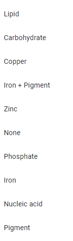 Lipid
Carbohydrate
Copper
Iron + Pigment
Zinc
None
Phosphate
Iron
Nucleic acid
Pigment
