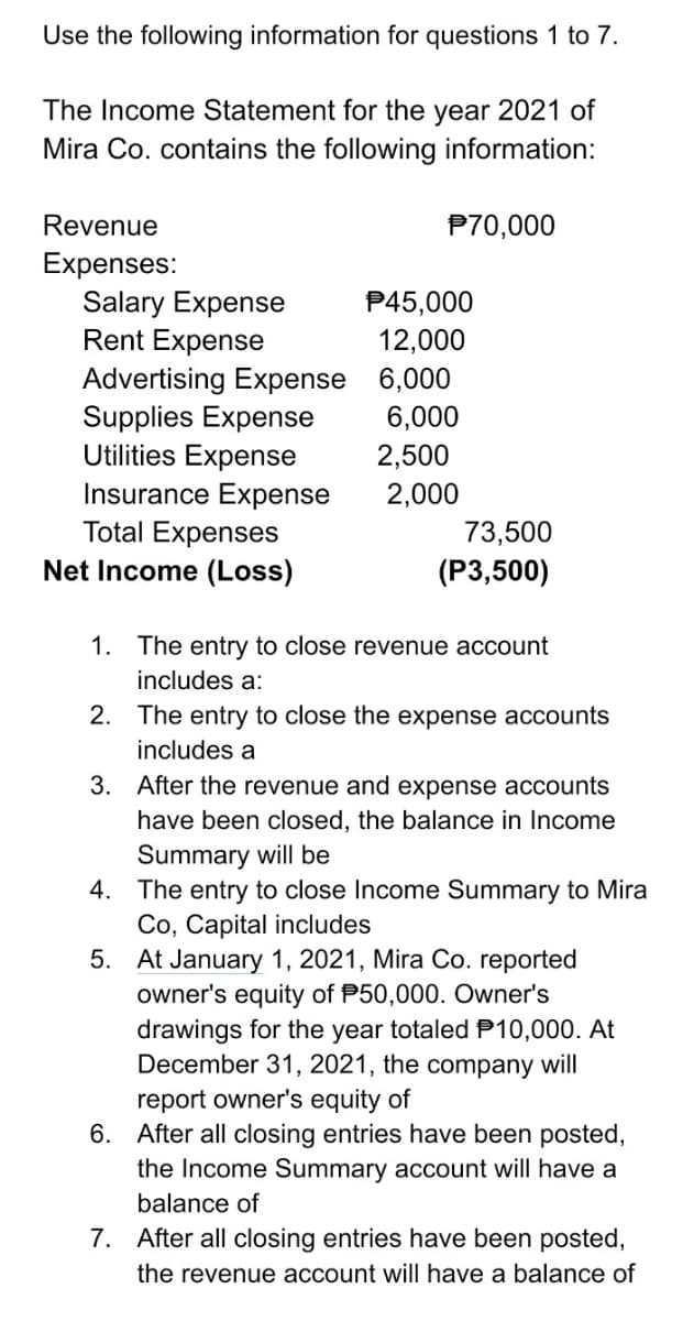 Use the following information for questions 1 to 7.
The Income Statement for the year 2021 of
Mira Co. contains the following information:
Revenue
P70,000
Expenses:
Salary Expense
P45,000
Rent Expense
12,000
Advertising Expense
6,000
Supplies Expense
Utilities Expense
Insurance Expense
Total Expenses
73,500
Net Income (Loss)
(P3,500)
1.
The entry to close revenue account
includes a:
2.
The entry to close the expense accounts
includes a
3. After the revenue and expense accounts
have been closed, the balance in Income
Summary will be
4.
The entry to close Income Summary to Mira
Co, Capital includes
5.
At January 1, 2021, Mira Co. reported
owner's equity of P50,000. Owner's
drawings for the year totaled P10,000. At
December 31, 2021, the company will
report owner's equity of
6. After all closing entries have been posted,
the Income Summary account will have a
balance of
7. After all closing entries have been posted,
the revenue account will have a balance of
6,000
2,500
2,000
