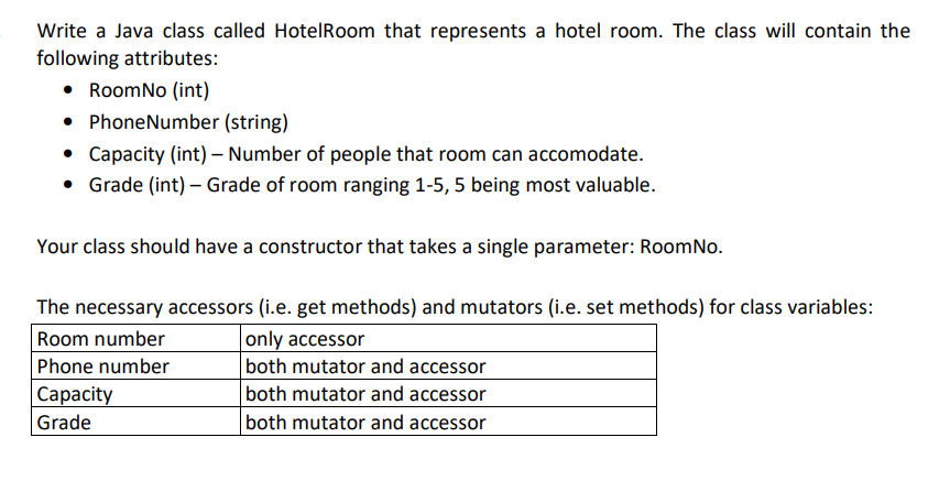 Write a Java class called HotelRoom that represents a hotel room. The class will contain the
following attributes:
• RoomNo (int)
PhoneNumber (string)
• Capacity (int) – Number of people that room can accomodate.
• Grade (int) – Grade of room ranging 1-5, 5 being most valuable.
Your class should have a constructor that takes a single parameter: RoomNo.
The necessary accessors (i.e. get methods) and mutators (i.e. set methods) for class variables:
Room number
Phone number
only accessor
both mutator and accessor
both mutator and accessor
Сарacity
Grade
both mutator and accessor
