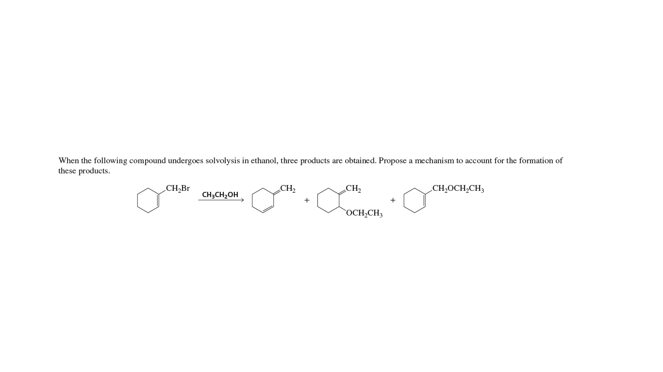 When the following compound undergoes solvolysis in ethanol, three products are obtained. Propose a mechanism to account for the formation of
these products.
CH,Br
CH2
CH,
CH,OCH,CH3
CH3CH2OH
`OCH,CH3
