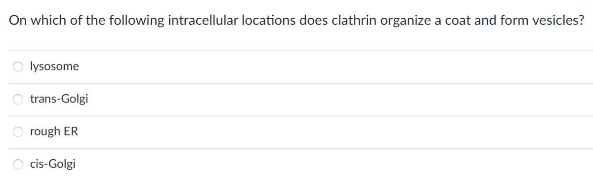 On which of the following intracellular locations does clathrin organize a coat and form vesicles?
lysosome
trans-Golgi
rough ER
cis-Golgi
