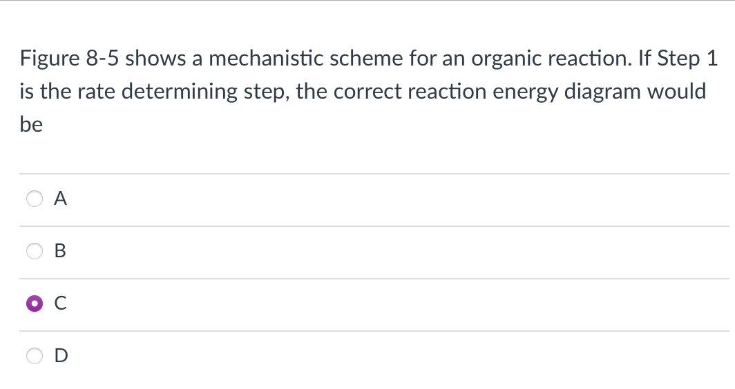 Figure 8-5 shows a mechanistic scheme for an organic reaction. If Step 1
is the rate determining step, the correct reaction energy diagram would
be
O
B
