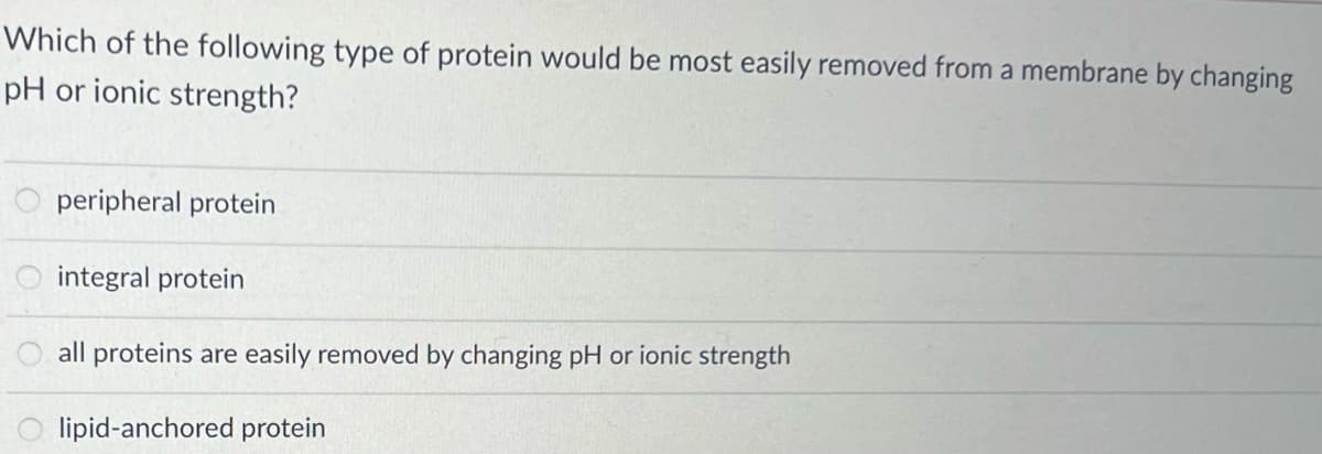 Which of the following type of protein would be most easily removed from a membrane by changing
pH or ionic strength?
peripheral protein
integral protein
all proteins are easily removed by changing pH or ionic strength
lipid-anchored protein