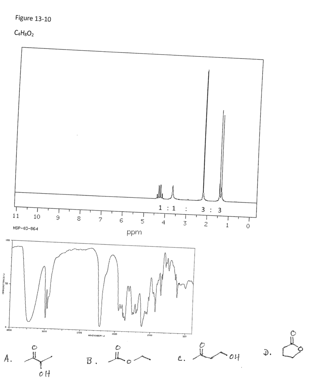 100
50
D
4000
Figure 13-10
C4H8O₂
11
A.
10
HSP-03-864
3000
HO
9
T
8
2000
1
7
KAVENDER
B.
1500
6
5
ppm
2000
hom
سلسله
1:1
T
4
T
:
T
3
500
T
3 3
2
1
-OH
애
0
D.