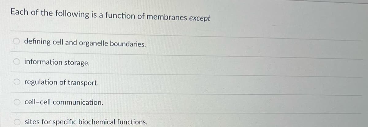 Each of the following is a function of membranes except
defining cell and organelle boundaries.
information storage.
regulation of transport.
cell-cell communication.
sites for specific biochemical functions.