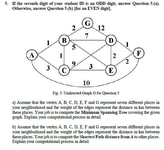 5. If the seventh digit of your student ID is an ODD digit, answer Question 5.(a).
Otherwise, answer Question 5.(b) [for an EVEN digit].
G
2
12
7
B
D
(A
1
2
F
3
3
E
10
Fig. 3. Undirected Graph G for Question 5
a) Assume that the vertex A, B, C, D, E, F and G represent seven different places in
your neighborhood and the weight of the edges represent the distance in km between
these places. Your job is to compute the Minimum Spanning Tree covering the given
graph. Explain your computational process in detail.
b) Assume that the vertex A, B, C, D, E, F and G represent seven different places in
your neighborhood and the weight of the edges represent the distance in km between
these places. Your job is to compute the Shortest Path distance from A to other places.
Explain your computational process in detail.
