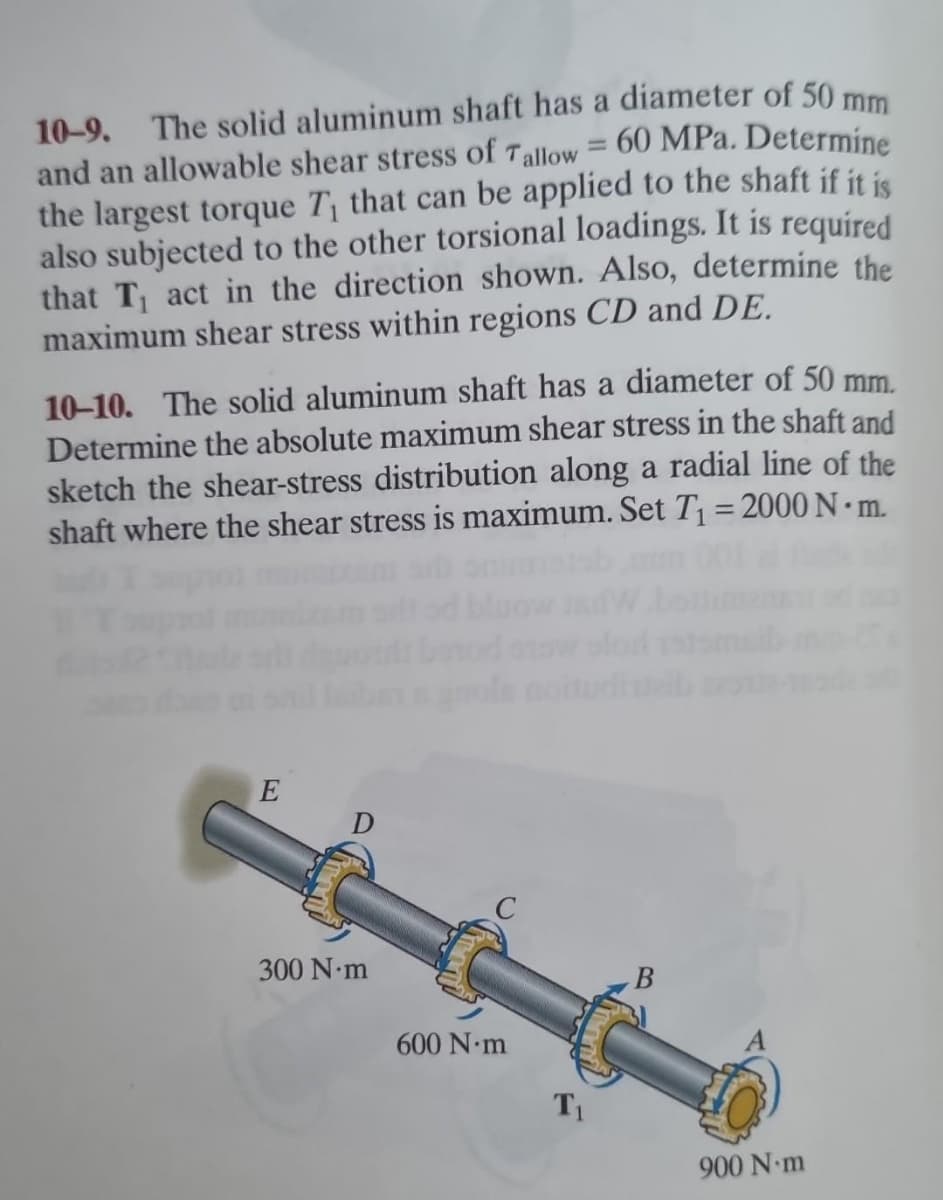 10-9. The solid aluminum shaft has a diameter of 50 mm
and an allowable shear stress of Tallow = 60 MPa. Determine
the largest torque T₁ that can be applied to the shaft if it is
also subjected to the other torsional loadings. It is required
that T₁ act in the direction shown. Also, determine the
maximum shear stress within regions CD and DE.
10-10. The solid aluminum shaft has a diameter of 50 mm.
Determine the absolute maximum shear stress in the shaft and
the
sketch the shear-stress distribution along a radial line
shaft where the shear stress is maximum. Set T₁ = 2000 N. m.
300 N·m
900 N·m
600 N·m
T₁