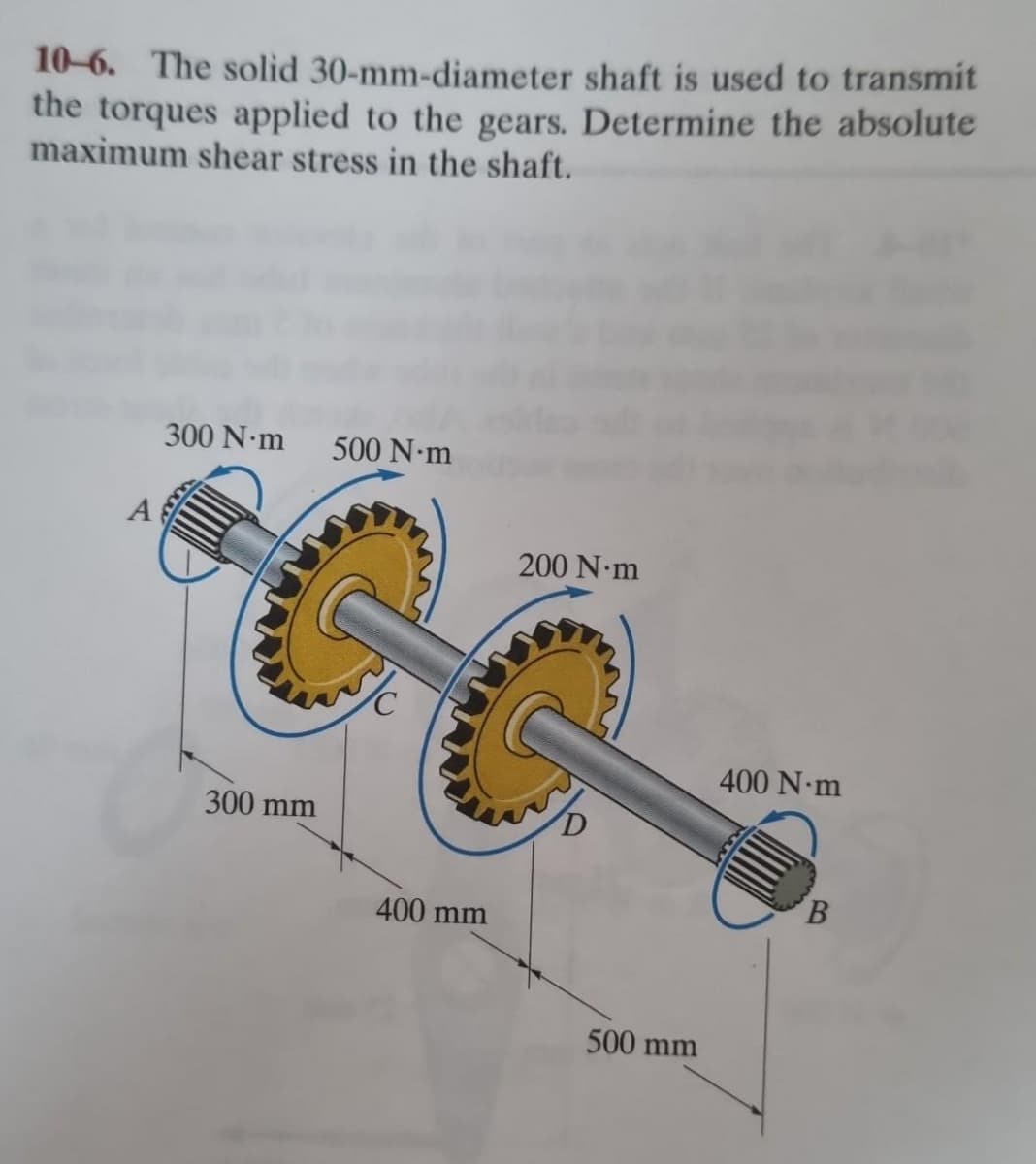 10-6. The solid 30-mm-diameter
shaft is used to transmit
the torques applied to the gears. Determine the absolute
maximum shear stress in the shaft.
300 N·m 500 N-m
300 mm
A
400 mm
200 N·m
500 mm
400 N·m
B