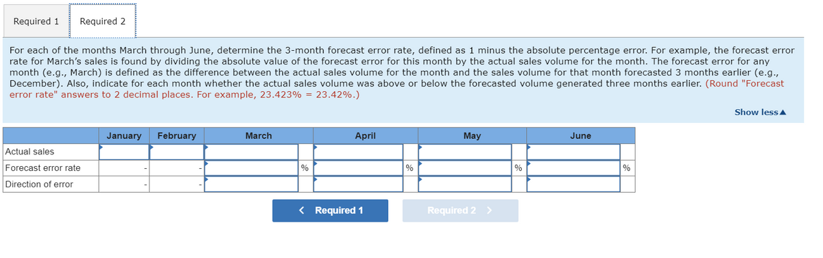 Required 1
Required 2
For each of the months March through June, determine the 3-month forecast error rate, defined as 1 minus the absolute percentage error. For example, the forecast error
rate for March's sales is found by dividing the absolute value of the forecast error for this month by the actual sales volume for the month. The forecast error for any
month (e.g., March) is defined as the difference between the actual sales volume for the month and the sales volume for that month forecasted 3 months earlier (e.g.,
December). Also, indicate for each month whether the actual sales volume was above or below the forecasted volume generated three months earlier. (Round "Forecast
error rate" answers to 2 decimal places. For example, 23.423% = 23.42%.)
Actual sales
Forecast error rate
Direction of error
January
February
March
%
April
< Required 1
%
May
Required 2 >
%
June
%
Show less