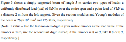 Figure 3 shows a simply supported beam of length 5 m carries two types of loads: a
uniformly distributed load (udl) of 6kN/m over the entire span and a point load of Y kN at
a distance 2 m from the left support. Given the section modulus and Young's modulus of
the beam is 268×10° mm² and 175 MPa, respectively.
[Note: Y value – Use the last non-zero digit in your matric number as the load value. If the
number is zero, use the second last digit instead; if the number is 8 or 9, take 0.8 or 0.9,
respectively.)
