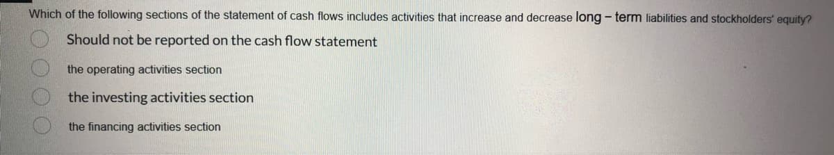 Which of the following sections of the statement of cash flows includes activities that increase and decrease long-term liabilities and stockholders' equity?
Should not be reported on the cash flow statement
0000
the operating activities section
the investing activities section
the financing activities section