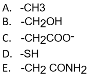 A. -CH3
-СНЗ
В. -СН2ОН
C. -CH2CO0-
-CH2OH
С.
D. -SH
E. -CH2 CONH2
