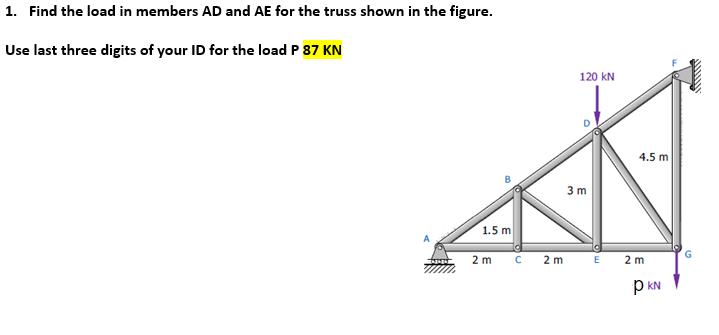 1. Find the load in members AD and AE for the truss shown in the figure.
Use last three digits of your ID for the load P 87 KN
1.5 m
2 m
C
2 m
120 KN
3m
E
4.5 m
2 m
PKN
among