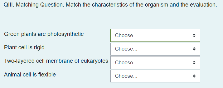 QIII. Matching Question. Match the characteristics of the organism and the evaluation.
Green plants are photosynthetic
Choose...
Plant cell is rigid
Choose...
Two-layered cell membrane of eukaryotes
Choose...
Animal cell is flexible
Choose...
4
O