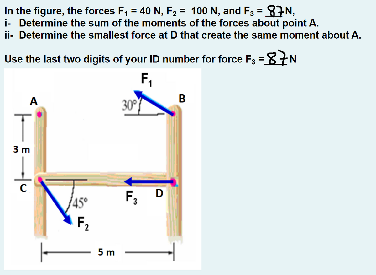 In the figure, the forces F₁ = 40 N, F₂ = 100 N, and F3 = 87N,
i- Determine the sum of the moments of the forces about point A.
ii- Determine the smallest force at D that create the same moment about A.
Use the last two digits of your ID number for force F3 = 87N
F₁
A
T
3 m
C
45°
F₂
5 m
30°
F₂
D
B