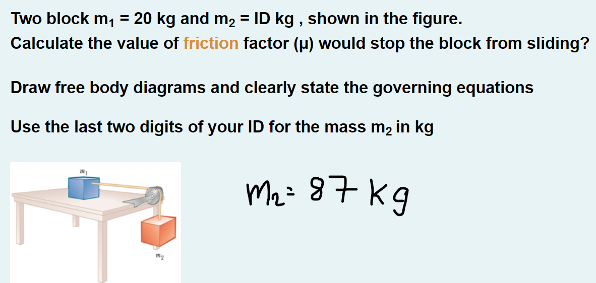 Two block m₁ = 20 kg and m2 = ID kg, shown in the figure.
Calculate the value of friction factor (µ) would stop the block from sliding?
Draw free body diagrams and clearly state the governing equations
Use the last two digits of your ID for the mass m₂ in kg
11
m₂
m₂ = 87 kg
