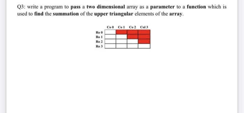 Q3: write a program to pass a two dimensional array as a parameter to a function which is
used to find the summation of the upper triangular elements of the array.
Co 0 Co1 Co 2 Col 3
Ro 0
Ro 1
Ro 2
Ro 3

