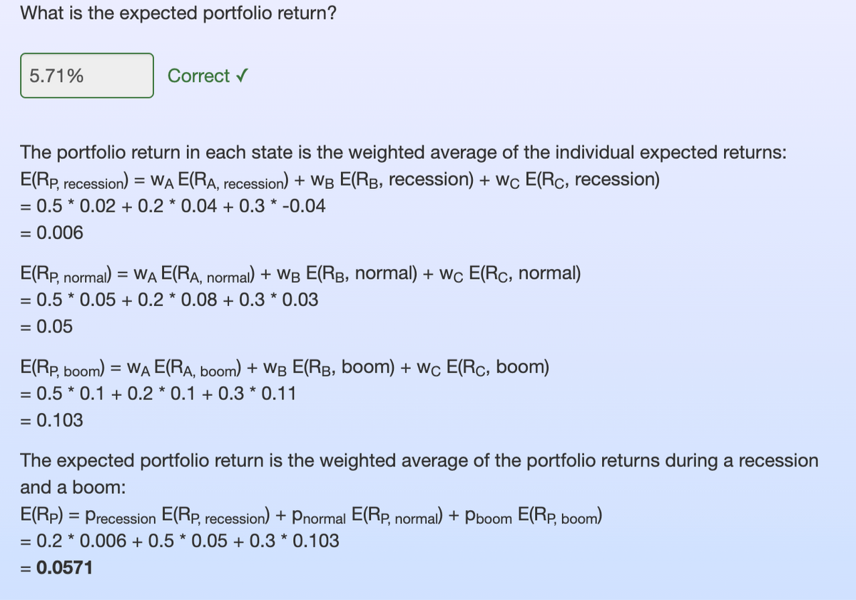 What is the expected portfolio return?
5.71%
Correct ✔
The portfolio return in each state is the weighted average of the individual expected returns:
E(Rp, recession) = WA E(RA, recession) + WB E(RB, recession) + wc E(Rc, recession)
= 0.5 * 0.02 +0.2 * 0.04 + 0.3 * -0.04
= 0.006
E(RP, normal) = WA E(RA, normal) + WB E(RB, normal) + wc E(Rc, normal)
= 0.5 * 0.05 + 0.2 * 0.08 + 0.3 * 0.03
= 0.05
E(Rp, boom) = WA E(RA, boom) + WB E(RB, boom) + wc E(Rc, boom)
= 0.5 * 0.1 +0.2 * 0.1 +0.3 * 0.11
= 0.103
The expected portfolio return is the weighted average of the portfolio returns during a recession
and a boom:
E(Rp) = Precession E(Rp, recession) + Pnormal E(Rp, normal) + Pboom E(Rp, boom)
= 0.2 0.006 + 0.5 * 0.05 + 0.3 * 0.103
= 0.0571