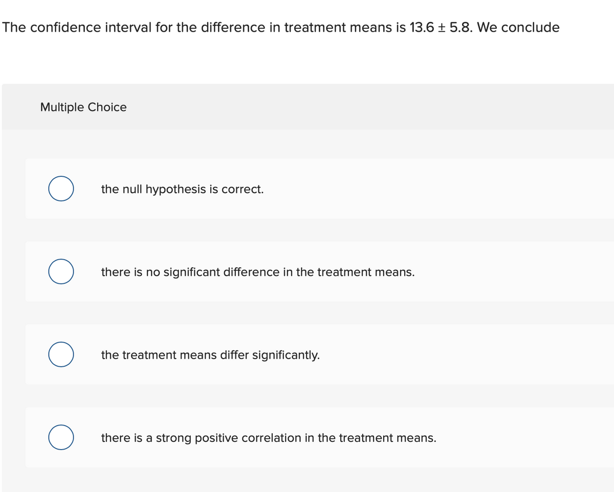 The confidence interval for the difference in treatment means is 13.6 ± 5.8. We conclude
Multiple Choice
the null hypothesis is correct.
there is no significant difference in the treatment means.
the treatment means differ significantly.
there is a strong positive correlation in the treatment means.
