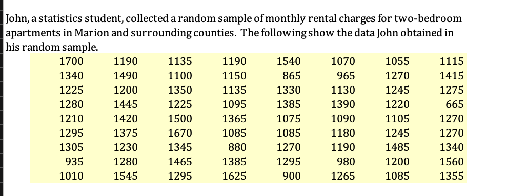 John, a statistics student, collected a random sample of monthly rental charges for two-bedroom
apartments in Marion and surrounding counties. The following show the data John obtained in
his random sample.
1700
1190
1135
1190
1540
1070
1055
1115
1340
1490
1100
1150
865
965
1270
1415
1225
1200
1350
1135
1330
1130
1245
1275
1280
1445
1225
1095
1385
1390
1220
665
1210
1420
1500
1365
1075
1090
1105
1270
1295
1375
1670
1085
1085
1180
1245
1270
1305
1230
1345
880
1270
1190
1485
1340
935
1280
1465
1385
1295
980
1200
1560
1010
1545
1295
1625
900
1265
1085
1355

