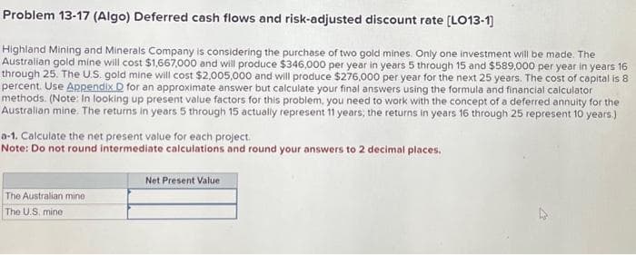Problem 13-17 (Algo) Deferred cash flows and risk-adjusted discount rate [LO13-1]
Highland Mining and Minerals Company is considering the purchase of two gold mines. Only one investment will be made. The
Australian gold mine will cost $1,667,000 and will produce $346,000 per year in years 5 through 15 and $589,000 per year in years 16
through 25. The U.S. gold mine will cost $2,005,000 and will produce $276,000 per year for the next 25 years. The cost of capital is 8
percent. Use Appendix D for an approximate answer but calculate your final answers using the formula and financial calculator
methods. (Note: In looking up present value factors for this problem, you need to work with the concept of a deferred annuity for the
Australian mine. The returns in years 5 through 15 actually represent 11 years; the returns in years 16 through 25 represent 10 years.)
a-1. Calculate the net present value for each project.
Note: Do not round intermediate calculations and round your answers to 2 decimal places.
The Australian mine
The U.S. mine.
Net Present Value