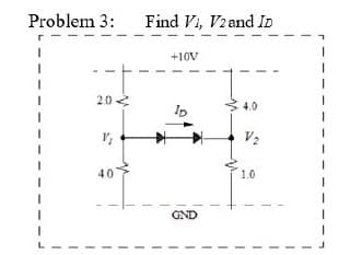 Problem 3:
Find V1, V2 and ID
2.0
V₁
4.0
+10V
GND
4.0
V₂
1.0