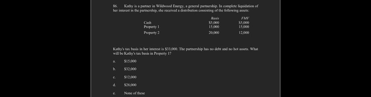86.
Kathy is a partner in Wildwood Energy, a general partnership. In complete liquidation of
her interest in the partnership, she received a distribution consisting of the following assets:
Cash
Property 1
Property 2
Basis
$5,000
FMV
$5,000
15,000
15,000
20,000
12,000
Kathy's tax basis in her interest is $33,000. The partnership has no debt and no hot assets. What
will be Kathy's tax basis in Property I?
a.
$15,000
b.
$32,000
c.
$12,000
d.
$28,000
None of these